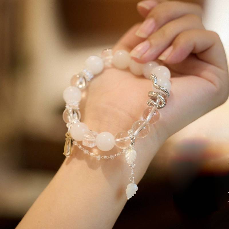 Lunar Serpent White Jade & Clear Jade Crystal Bracelet