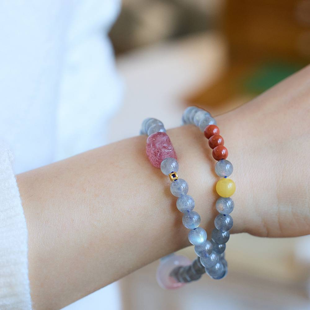 Lunar Grace Moonstone & Strawberry Quartz Crystal Bracelet