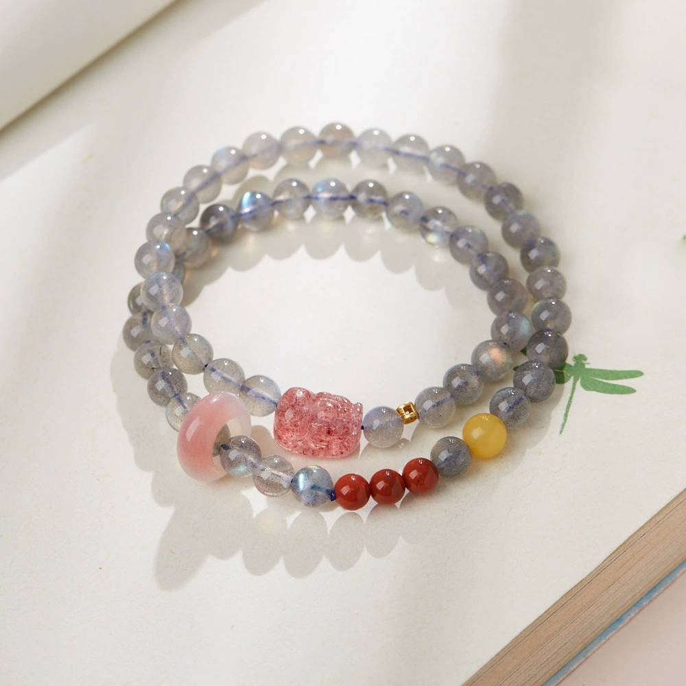 Lunar Grace Moonstone & Strawberry Quartz Crystal Bracelet