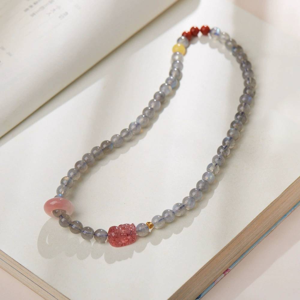 Lunar Grace Moonstone & Strawberry Quartz Crystal Bracelet