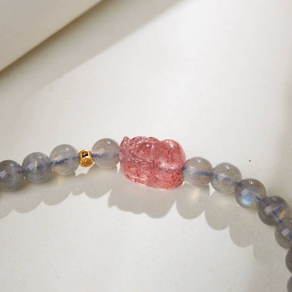 Lunar Grace Moonstone & Strawberry Quartz Crystal Bracelet