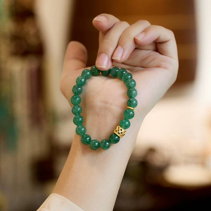 Emerald Heart Strawberry Quartz Crystal Bracelet