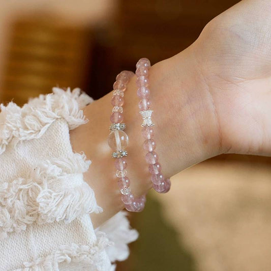 Blushing Rose Strawberry Quartz Crystal Bracelet