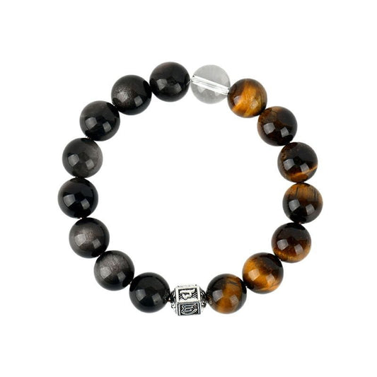 Dual-tone bracelet with tiger's eye and silver obsidian for courage and clarity